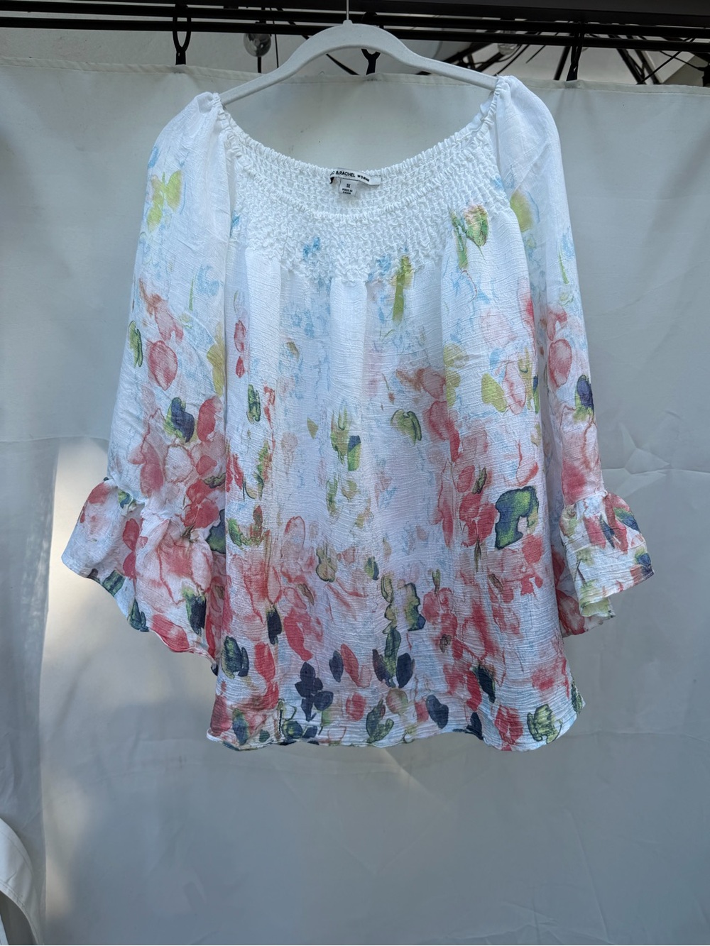 Zac & Rachel White Floral Pintuck Smocked-Neck Tunic